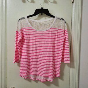 Express Hot Pink & White Stripe Lace Tee Shirt Top, Size XS/TP